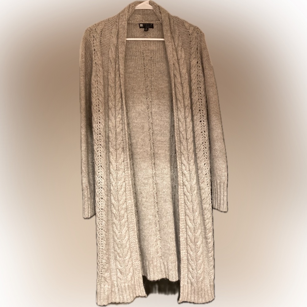 Long/Tall Natural Knit Fiber Open Front Duster Cardigan with Cables
